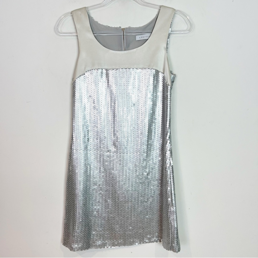 CHAIKEN SILVER SEQUIN SATIN SLEEVELESS SHIFT PARTY COCKTAIL DRESS WOMENS SZ 0